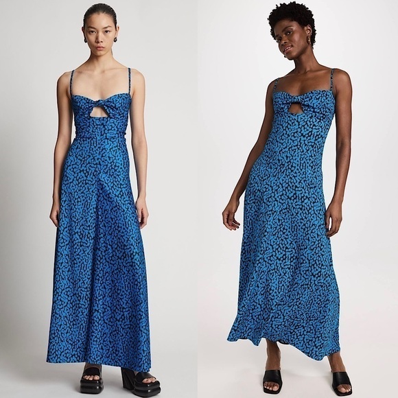 NWT LAGENCE Cobalt Leopard Print Sleeveless Twist Front Cutout A-Line Maxi Dress - Picture 1 of 14
